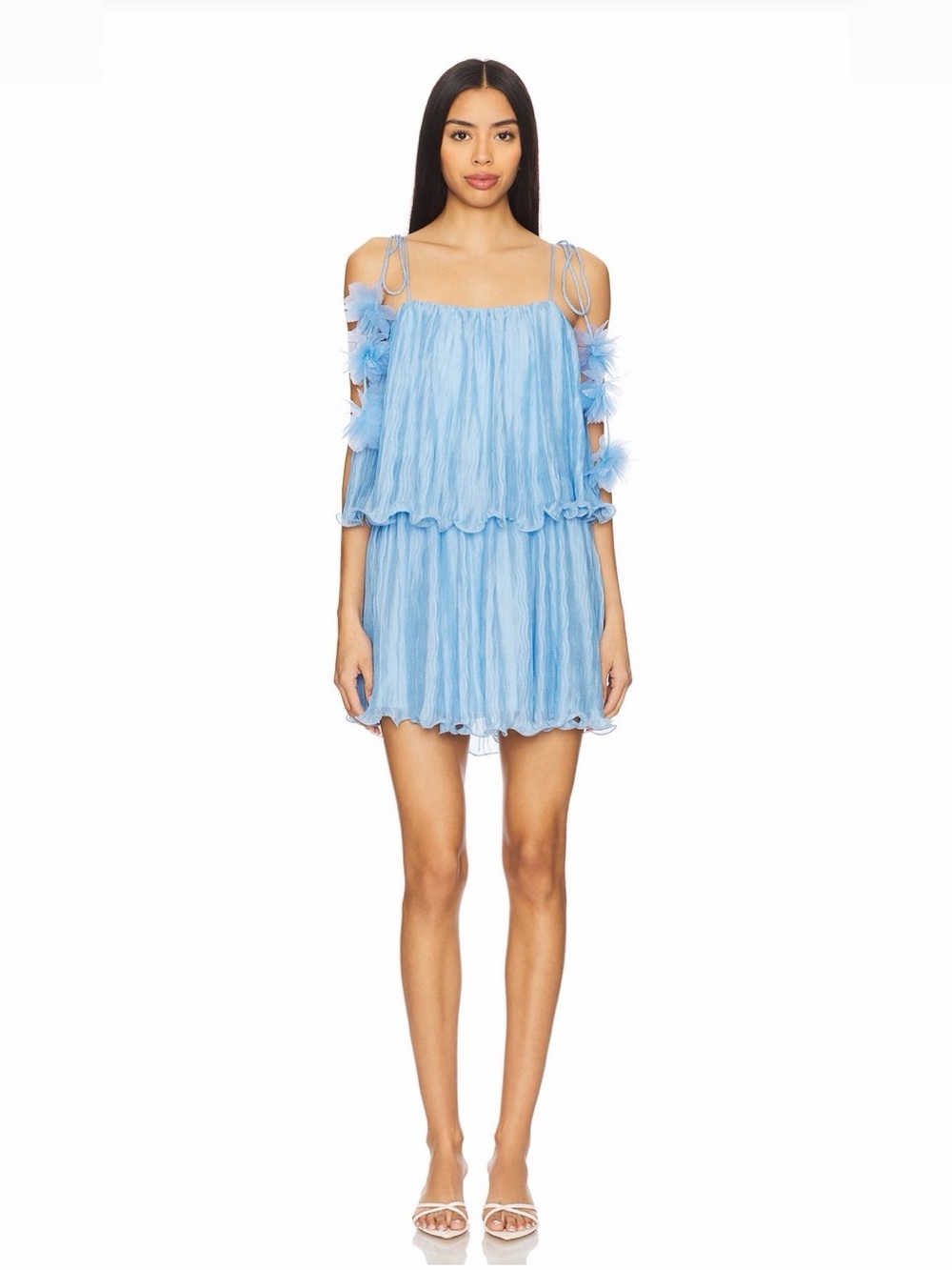 Line & Dot Chara Mini Dress Floral Appliqué Straps Tiered Baby Blue sz XS